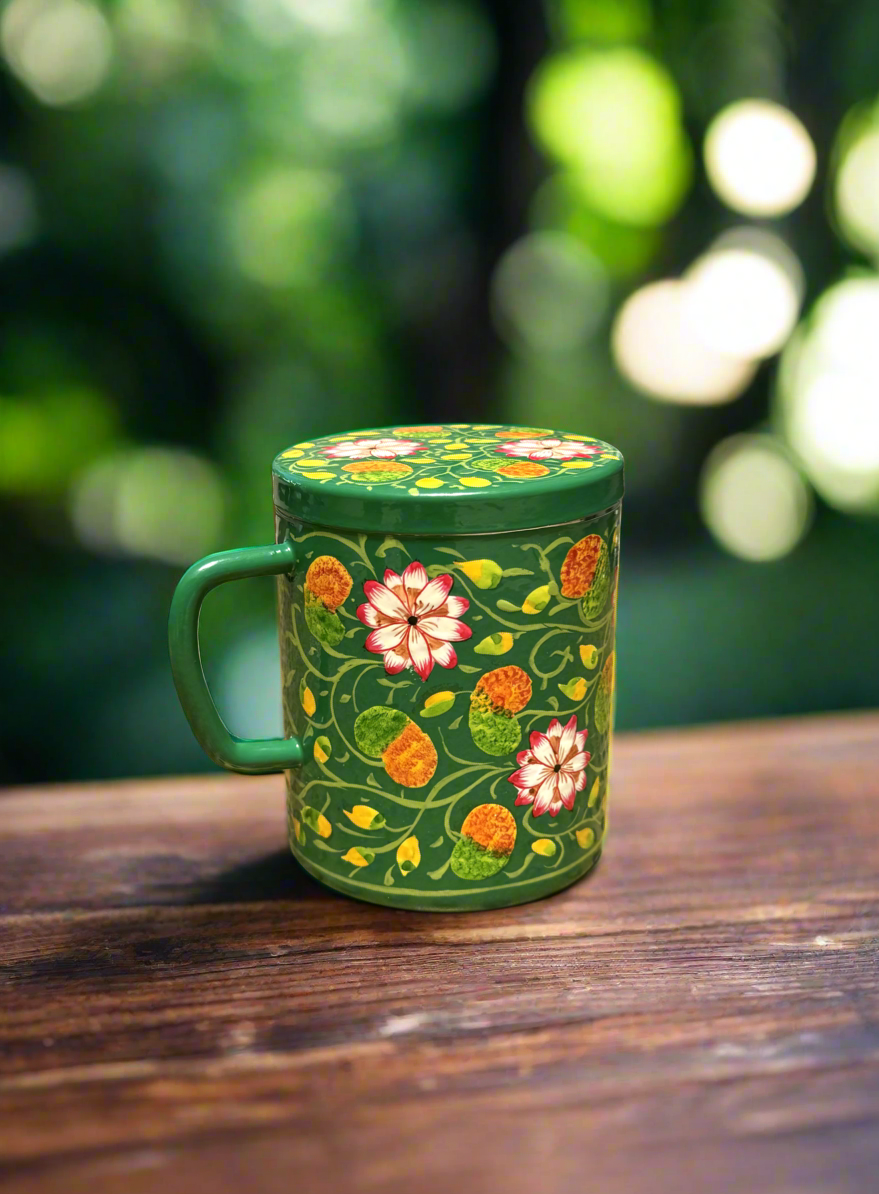 Emerald Lotus - Hand Painted Double Walled Insulated Mugs