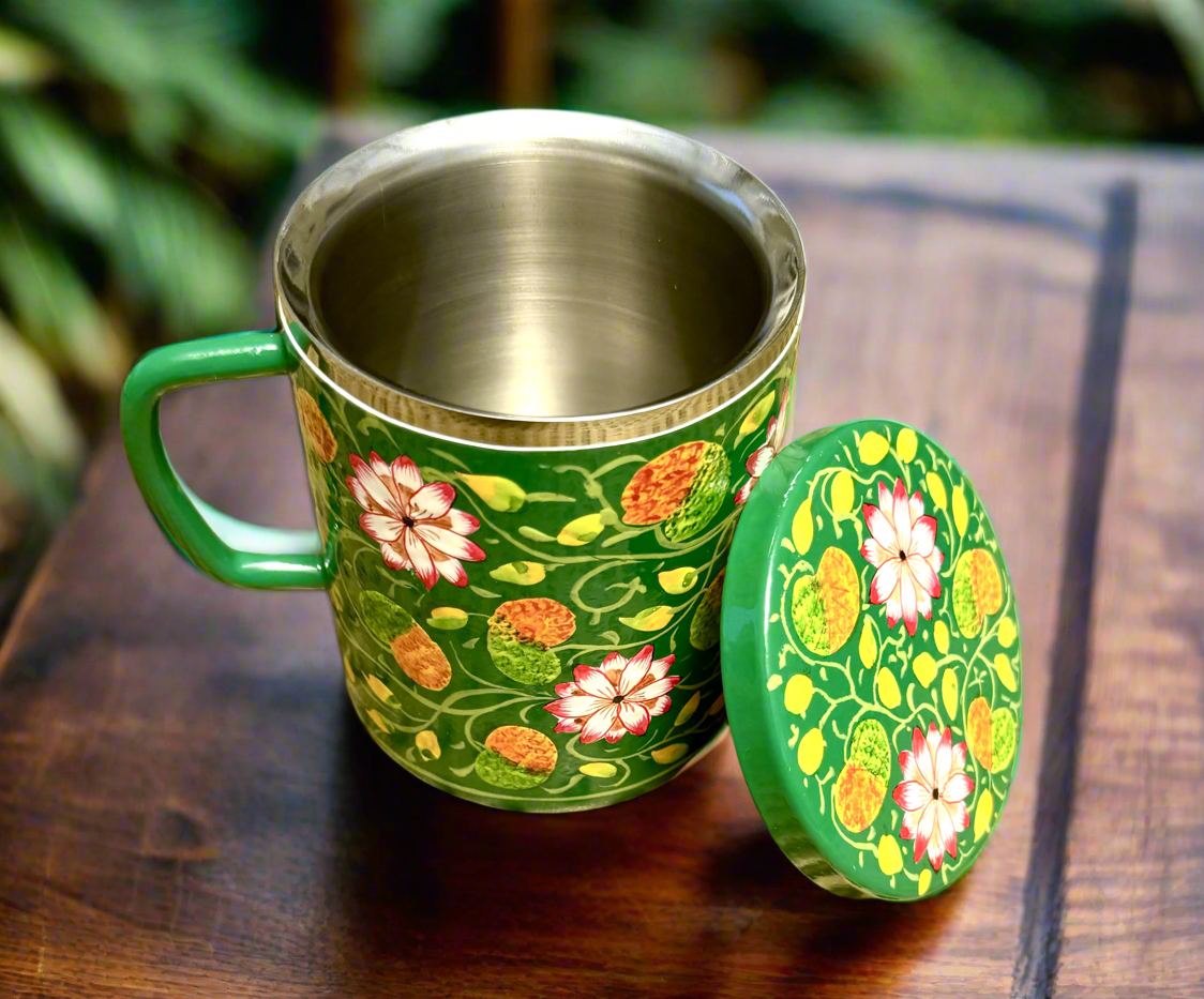 Emerald Lotus - Hand Painted Double Walled Insulated Mugs