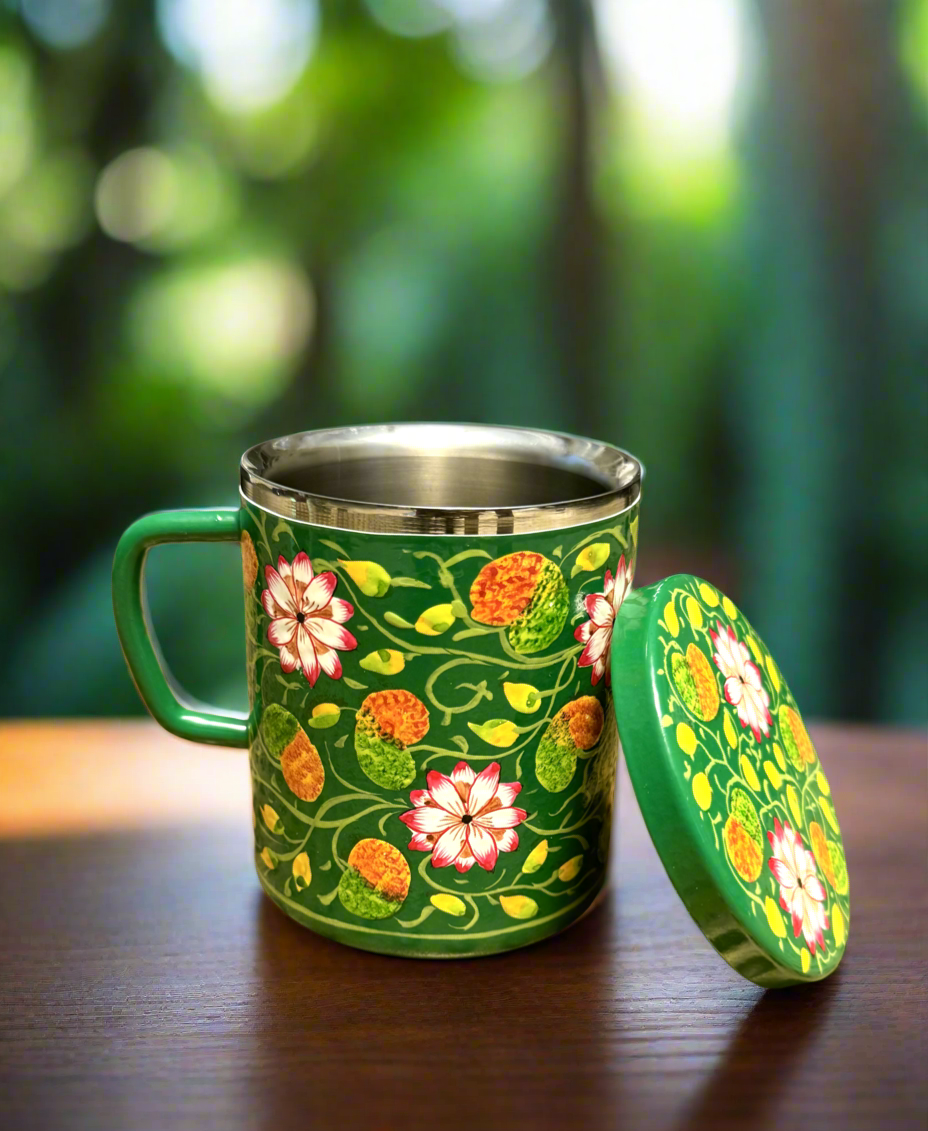 Emerald Lotus - Hand Painted Double Walled Insulated Mugs